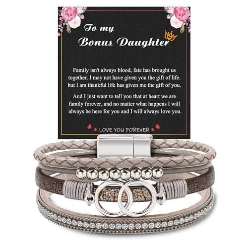 Bracelets for Women, Gifts for Mom Her Christmas Gift 2026 Leather Bracelets for Women Birthday Gift for Daughter Inspirational Wrap Bracelet Sister Friend Teen Girl Gift Layered Stocking Stuffers Jewelry - style: 1 To Bonus Daughter - Grey