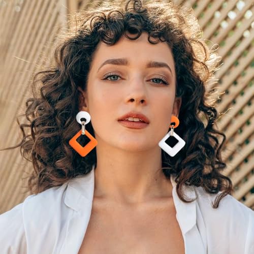 Geometric Square Earrings for Women Lightweight Colorful Color Block Acrylic Chunky Geometric Rectangle Oval Link Chain Statement Earring - style: White Orange Square