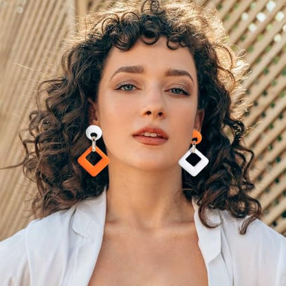 Geometric Square Earrings for Women Lightweight Colorful Color Block Acrylic Chunky Geometric Rectangle Oval Link Chain Statement Earring - style: White Orange Square