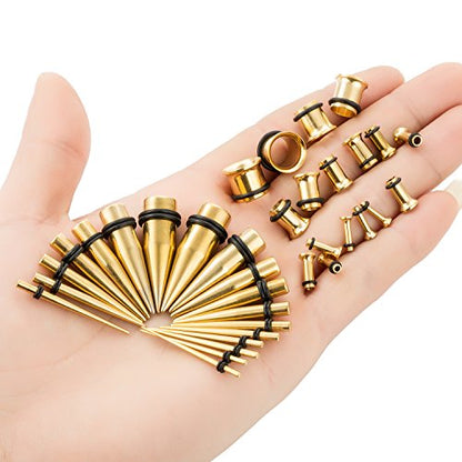 36pcs Ear Stretching Kit 14G-00G Surgical Steel Tapers Tunnels Gauges Set for Starter Women and Men Expanders Body Piercing Jewelry - color: Goldtone