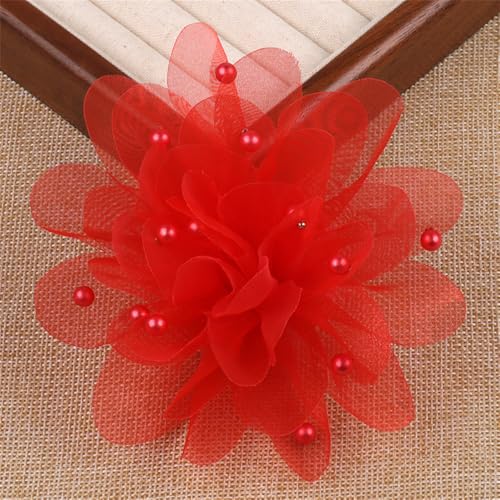 13cm/5in Beaded Mesh Flower Brooch Pin for Women Girls Dainty Round Shell Pearl Ball Beads Camellia Peony Flowers Brooches Lapel Hair Pins Elegant Wedding Anniversary Accessories Jewelry - color: Red