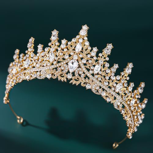Crystal Crown Jewelry Set for Women Bride Queen Tiara Earrings and Necklace | Metal Royal Crown Costume Jewelry Set Wedding Prom Quinceanera Party Pageant Halloween Retirement Christmas Birthday Gift - color: Gold