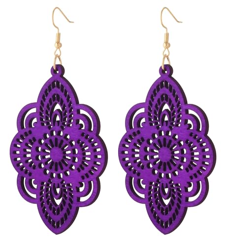 Boho Black Filigree Dangle Earrings for Women, Lightweight Hollow Lace Drop, Wood, 3.34" x 1.69", Bohemian Jewelry - color: Purple