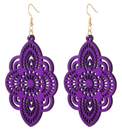 Boho Black Filigree Dangle Earrings for Women, Lightweight Hollow Lace Drop, Wood, 3.34" x 1.69", Bohemian Jewelry - color: Purple