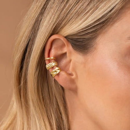 14K Gold Plated Layered Chunky Ear Cuff for Women Thick Ear Clips | Ear Cuff Earrings for Women,Hammered Texture design，Lightweight Hypoallergenic Ear Clips，trendy Jewelry for Daily Party Prom - color: gold 6
