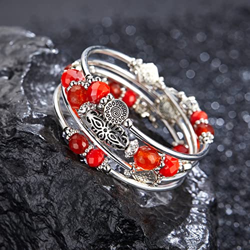 FULU AUTUMN Stackable Beaded Bracelets for Women Boho Wrap Silver Bracelet Layered Fashion Jewelry Gifts for Her - color: Bright orange