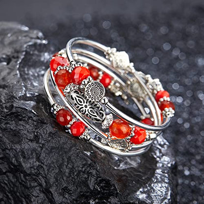 FULU AUTUMN Stackable Beaded Bracelets for Women Boho Wrap Silver Bracelet Layered Fashion Jewelry Gifts for Her - color: Bright orange