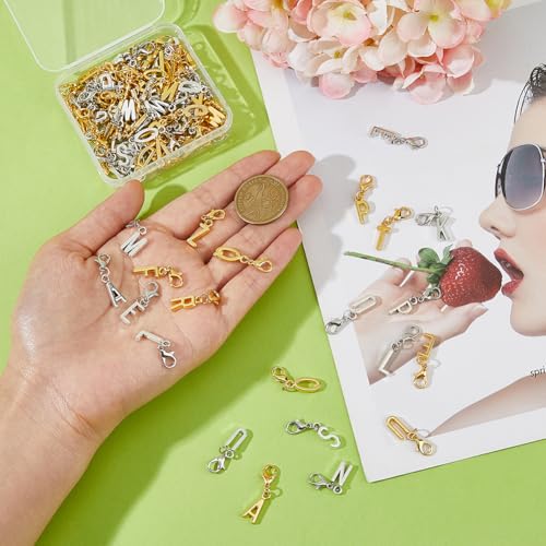 SUPERFINDINGS 104Pcs 2 Colors A-Z Alphabet Letter Charms Initial Letter Charm with Lobster Clasp Alloy Uppercase Letters Pendants for DIY Keychain Chain Bracelets Jewelry Making Craft (Pack of 2) - size: 30mm (Pack of 2)