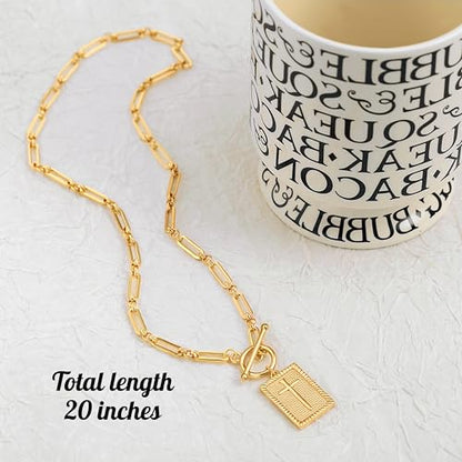 18k Gold Plated Chain Link Necklace for Women, Baroque Pearl/Compass Pendant Necklace - color: Rectangle Cross