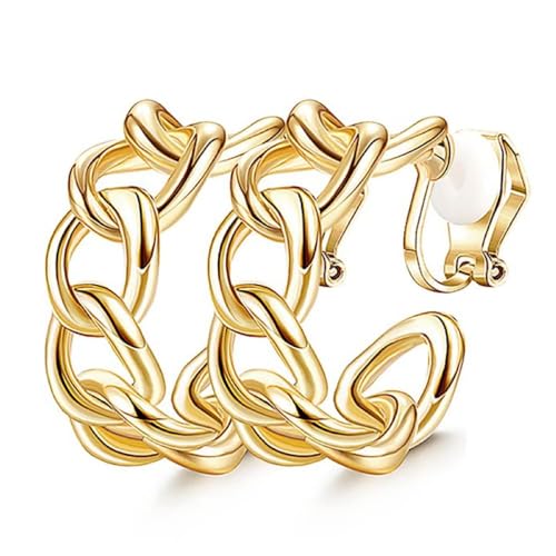 Non Pierced Gold Tone Clip On Hoop Earrings - style: Chunky Chain Hoops
