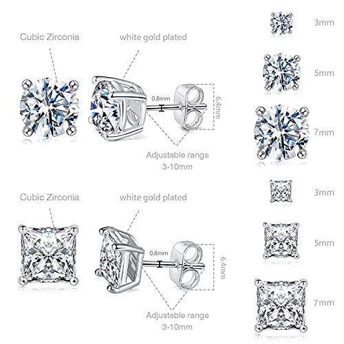 18K Gold Plated Round Princess Cut Clear Cubic Zirconia Stud Earring of 6 Pairs - color: A-white gold plated