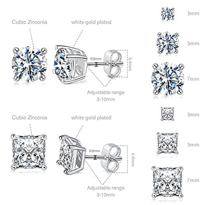 18K Gold Plated Round Princess Cut Clear Cubic Zirconia Stud Earring of 6 Pairs - color: A-white gold plated