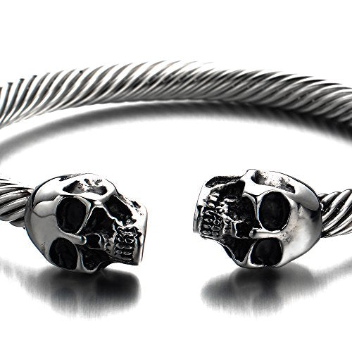 COOLSTEELANDBEYOND Elastic Adjustable Unique Mens Skull Cuff Bangle Steel Twisted Cable Bracelet Polished - color: C-Metal Color: Silver & Black