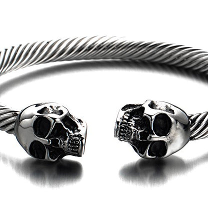 COOLSTEELANDBEYOND Elastic Adjustable Unique Mens Skull Cuff Bangle Steel Twisted Cable Bracelet Polished - color: C-Metal Color: Silver & Black