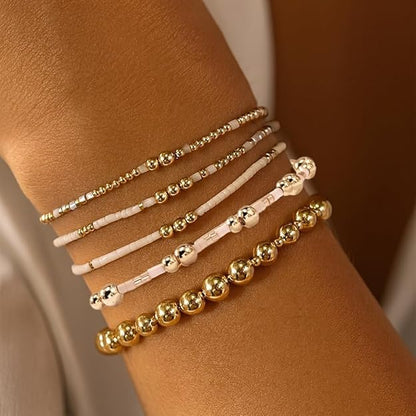 5Pcs Stack Gold Plated Ball Beaded Bracelets Set for Women, Boho Handmade Colorful Glass Pearl Stretch Accessories Jewelry, Summer Beach Daily Wear Holiday Friendship Gift - color: Peach