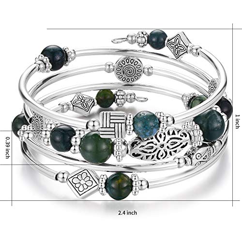 BULINLIN Layered Wrap Bangle Turquoise Bracelet - Bead Bracelet with Natural Agate Stone, Gifts For Women - color: 09-Dark green