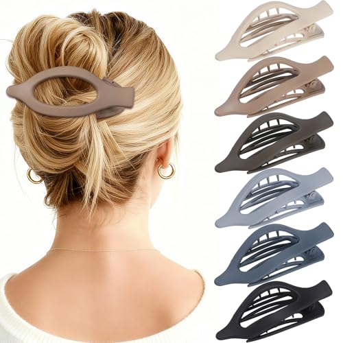Flat Hair Clips for Women - 6 PCS French Flat Claw Clips Medium Hair Clips for Girls Large Hair Claw Clips for Thick or Thin Hair Strong Hold No Slip Hair Accessories for women (Brown Grey) - color: Brown Grey