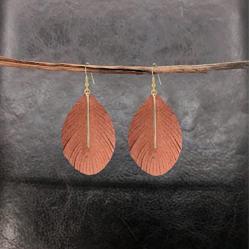 YUNXI Large Genuine Soft Leather Handmade Fringe Feather Lightweight Leaf with Simple Drop Metal Bar Tear Drop Dangle Color Earrings for Women - color: Brown
