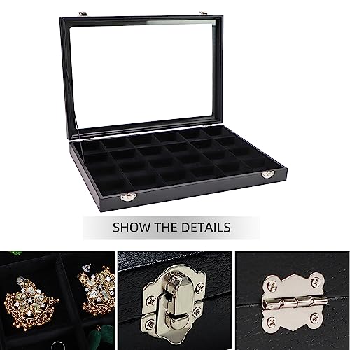Wudygirl Earring Organizer Leather Jewelry Tray with Lid 13.7"x9.4" Black | 24 Grid Jewelry Organizer with Velvet Liner, Ideal for Jewelry Storage, Dresser Drawer or Gift, Dustproof Design - style: 24 Grid Tray