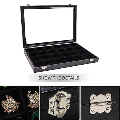Wudygirl Earring Organizer Leather Jewelry Tray with Lid 13.7"x9.4" Black | 24 Grid Jewelry Organizer with Velvet Liner, Ideal for Jewelry Storage, Dresser Drawer or Gift, Dustproof Design - style: 24 Grid Tray