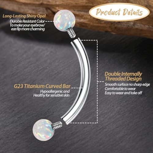GAGABODY Titanium Eyebrow Jewelry - Curved Barbell & Labret Stud, 16g - Belly Button Ring & Cartilage Earring - Opal Bridge Jewelry - color: 1Pc-Silver+Ball Shape White Opal