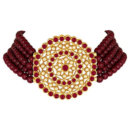 Aheli Pearl Diamond Choker Necklace & Round Earrings Gift for Women Indian Traditional Bollywood Fashion Bharatanatyam jewellery set - color: Maroon 1