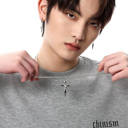 Gothic Cross Star Necklace For Men Women Silver Stainless Steel Cuban Link Paperclip Figaro Bead Chain Punk Kpop Y2k Goth Irregular Layered Cross Pendant Necklace Non Tarnish Jewelry Gift - color: Black B