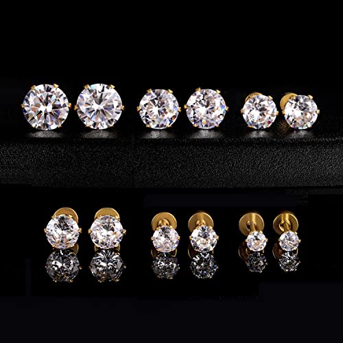 VOLUKA Cubic Zirconia Stainless Steel Screw Flat Back Earring - Hypoallergenic Stud Earrings for Women & Men - 316L Titanium CZ Stud Earrings for Nickel-Free, Trendy & Elegant - color: 6 Pairs- 3-8mm Flat Back-Gold