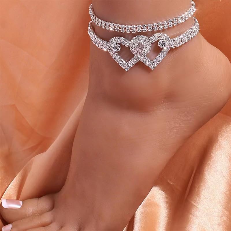 Sora Tuki Ankle Bracelets for Women Tennis Rhinestone Anklets for Women Butterfly Heart Star Cross Anklet Bracelet for Women Plus Size Anklet Bracelets for Big Ankle Beach Foot Jewelry - style: 2 - layer double heart