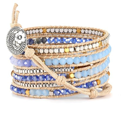 Boho 5 Wrap Bead Bracelet for Men Women - Handmade Adjustable Natural Chakras Stone Crystal Beaded Bracelets Cuff Rope Yoga Healing Bracelet Bangle Hippie Jewelry - color: Blue