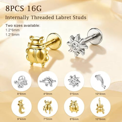 AOEDEJ 16G Internally Threaded Labret Surgical Steel 8PCS Animal Flat Back Hypoallergenic Cartilage Helix Tragus Conch Helix Studs Earrings for Women Men - color: Silver, size: 1.2*8mm