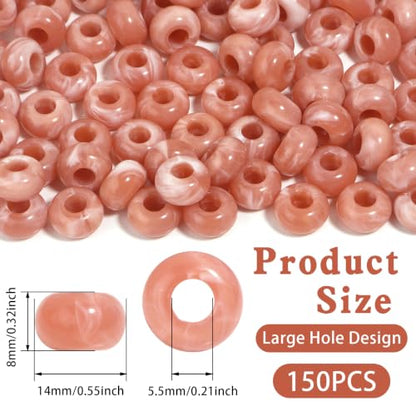 150PCS 14x8mm Peach Pink Acrylic European Large Hole Rondelle Spacer Beads with Storage Box, Loose Beads for Bracelet Necklace Earring Hair DIY Jewelry Making - color: Peach Pink