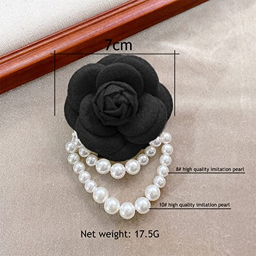 Wool Camellia Flower Pearl Tassel Brooches Pins Delicate Flowers Brooch Classic for Wedding Party Dance Banquet for Women Dainty Elegant Lapel Pins Dress Suit Accessories - color: Black
