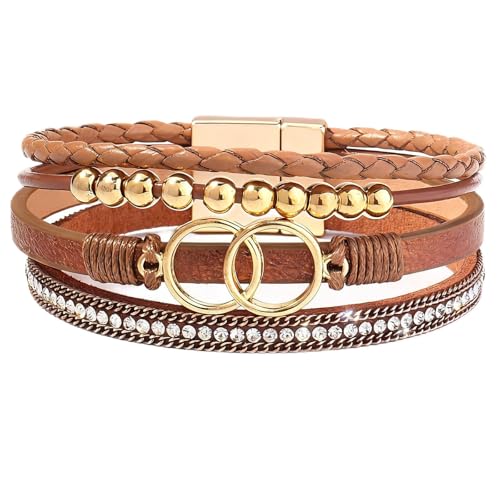 Leather Wrap Bracelets for Women, Boho Leopard Multi-Layer Crystal Beads Cuff Jewelry - color: J-Warp-011