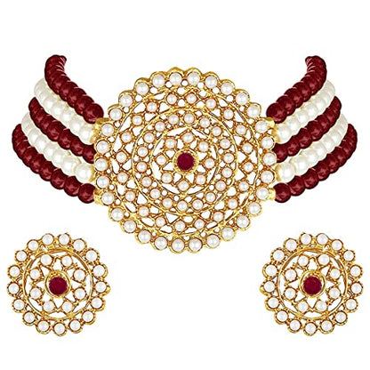 Aheli Pearl Diamond Choker Necklace & Round Earrings Gift for Women Indian Traditional Bollywood Fashion Bharatanatyam jewellery set - color: Maroon & White