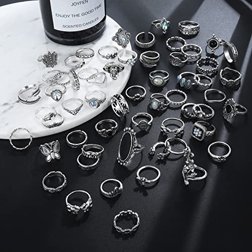 17IF Vintage Silver Knuckle Rings Set for Women Men, Chunky Boho Rings | Aesthetic Snake Grunge Stackable Gothic Ring Adjustable Y2K Punk Bulky Finger Alt of Rings, Stacking Flower Midi Ring Pack - style: 60