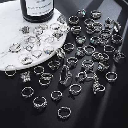 17IF Vintage Silver Knuckle Rings Set for Women Men, Chunky Boho Rings | Aesthetic Snake Grunge Stackable Gothic Ring Adjustable Y2K Punk Bulky Finger Alt of Rings, Stacking Flower Midi Ring Pack - style: 60