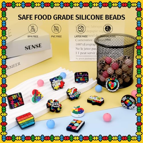 12pcs Autism Silicone Focal Beads for Pens | Focal Beads for Keychain Making,Pens,Bracelet,Necklace Crafts,Bulk Silicone Beads for DIY（Autism） - color: Autism