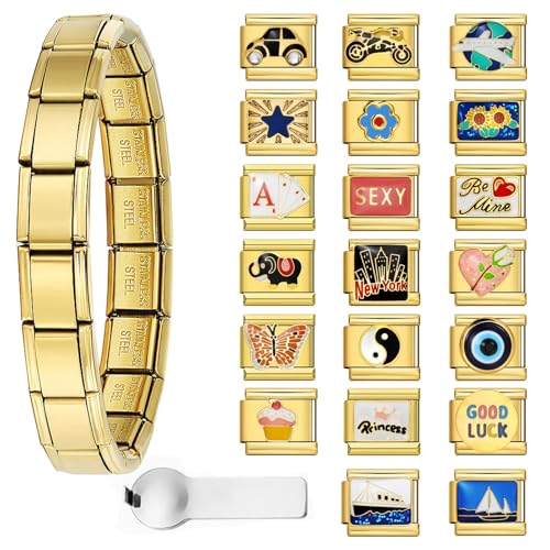 Italian Charm Bracelet with 10 or 20 Charms, Stainless Steel Adjustable DIY Charm Bracelet for Women & Men, Includes Opener Tool – Gold or Silver Options - color: Gold-20PCS