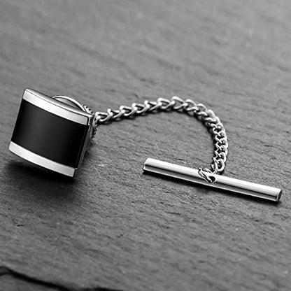 HAWSON Black Stone Tie Tack for Men Tie Pin with Chain for Wedding Birthday Anniversary Party - color: silver tone 3