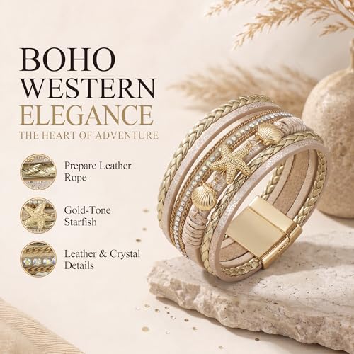 Edoneery Leather Wrap Bracelets for Women, Boho Layered Cuff Bangle | Multi-layer Leather Cuff, Daily wear, Stackable Bangle, Easy on-off, Western Jewelry Gifts for Women - color: Gold-1