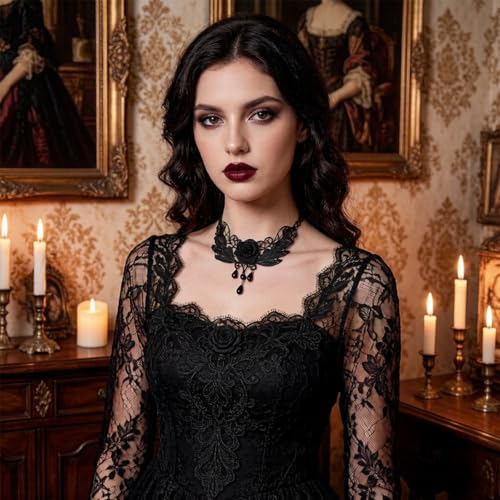 Goth Black Lace Choker Necklace for Women Gothic Vampire Necklace Halloween Victorian Dress Costume Accessories - color: Black2