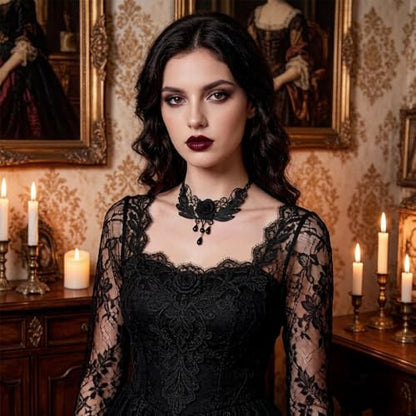 Goth Black Lace Choker Necklace for Women Gothic Vampire Necklace Halloween Victorian Dress Costume Accessories - color: Black2