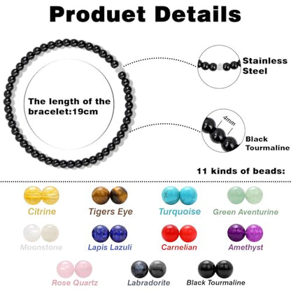 Raicegs 4 6 8MM Beaded Bracelets Healing Crystal Bracelet for Women Men Natural Stone Handmade Stretch Bracelet Reiki Spiritual Jewelry - color: Black Tourmaline, size: 4mm