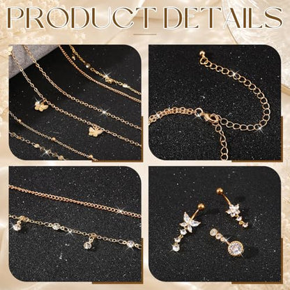Hicarer 3 Pieces Crystal Belly Ring with Chain Rhinestone Waist Body Chain Bikini Belly Jewelry Beach Accessories Jewelry for Women Adults - color: Gold, style: Vibrant Style