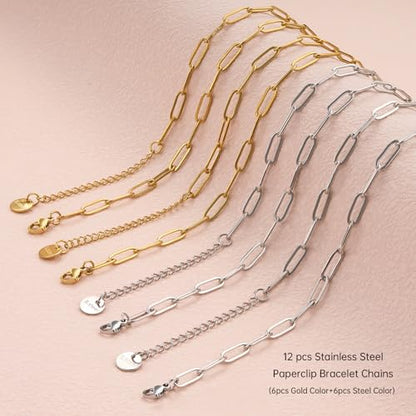 UMAOKANG 12PCS Stainless Steel Adjustable Paperclip Chain Bracelet Kit | 6.5Inch 6PCS Gold + 6PCS Silver Charm Bulk Bracelets Permanent Hand Chain for Men and Women - color: 6pcs Gold+6pc Steel