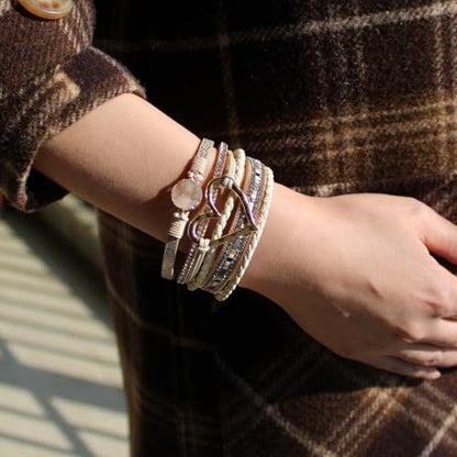 Womens Love Heart Leather Wrap Bracelet Multi-layer Stacked Bangle | Magnetic Clasp Soft PU Leather Resin Stone Rhinestone Boho Style Birthday Valentine Christmas Bohemian Jewelry Gift - color: Khaki