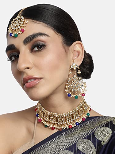 Aheli Elegant Indian Faux Kundan Studded Choker Necklace with Maang Tikka Set Ethnic Wedding Wear Bharatanatyam jewellery set Gift for Women - color: Multicolor