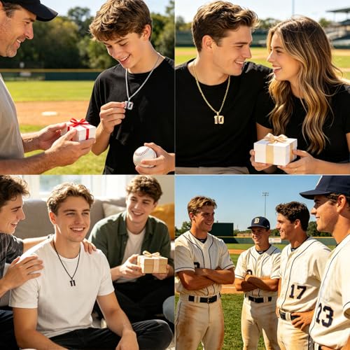 Hatti Doris Baseball Number Necklace for Men 00-99 - Jersey Number Necklace with Stainless Steel Gold Plated Chain & Baseball Charm Pendant - color: Black, style: 20