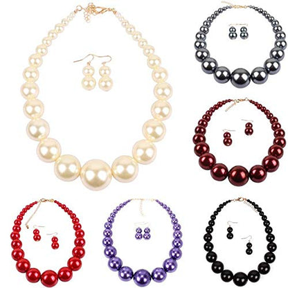 Fuqimanman2020 Chunky Large Simulated Pearl Choker Necklace Drop Dangle Earrings Crystal Bib Big Round Beaded Strand Multicolor Costume Statement Wedding Jewelry Set for Women Brides - color: White